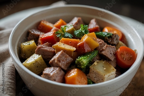 vegetable and meat on bowl ready for eating beef stew with potatoes and carrots