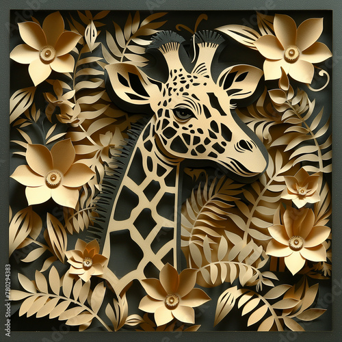 Paper cut ivory and black giraffe head on ivory background with flowers