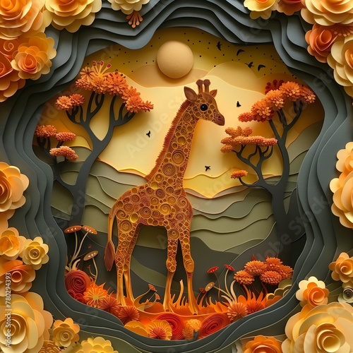 Paper cut yellow giraffe standing in savanna landscape