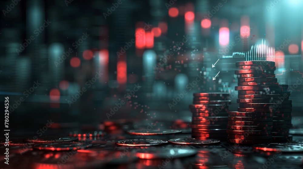 A dark-themed composition featuring stacks of coins, a graph demonstrating growth, and an arrow pointing upwards