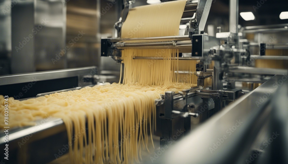 Fresh pasta emerges from a machine in an industrial setting, arranged for drying or packaging under warm lighting.