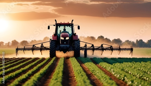 irrigation tractor driving spraying or harvesting an agricultural crop at sunset as banner design for agriculture industry and food supply production concepts