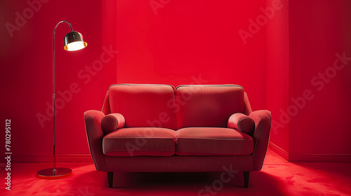 The scene of a home, the prospects are modern designer sofas, lights ... red solid color background, minimalist atmosphere © Tatiana