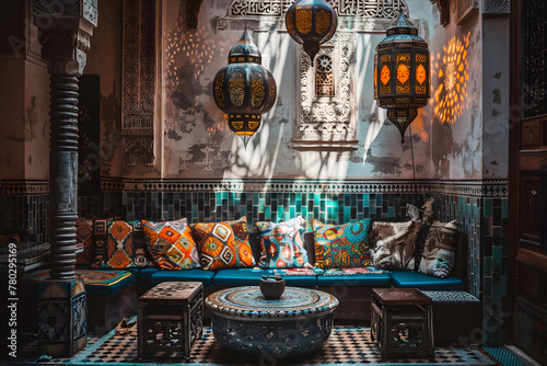 interior for ramadan concept A cozy sitting area in a Moroccan Riad, with comfortable cushions and decorative lanterns, evoking a sense of relaxation and luxury.