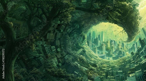 A fantastical image of a spiral green world  containing a cityscape inside an eggshell