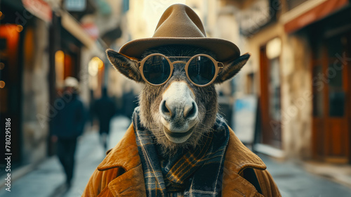 Dapper donkey strides through city streets in tailored elegance, embodying street style. The realistic urban backdrop frames this fashionable equine, seamlessly merging charm with contemporary flair i photo