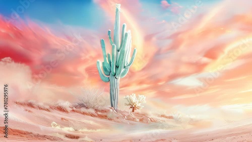Against a background of madder sky, a single cactus stands in the middle of the desert. The cactus is green, shimmering in the sunlight.  photo