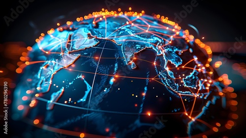 Concept of global network and advanced connectivity on Earth, centered interactive digital world globe, efficient data transfer and cyber technology, international telecommunication and information ex