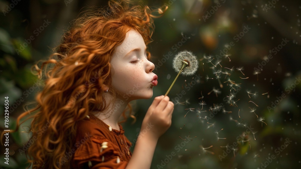 Curly red-haired girl in nature, blowing a dandelion with seeds dispersing. Curly red-haired girl in nature, blowing a dandelion with seeds dispersing.