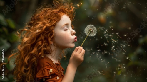 Curly red-haired girl in nature  blowing a dandelion with seeds dispersing.