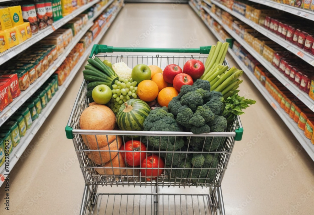 A grocery cart filled with healthy staples and the occasional guilty pleasure