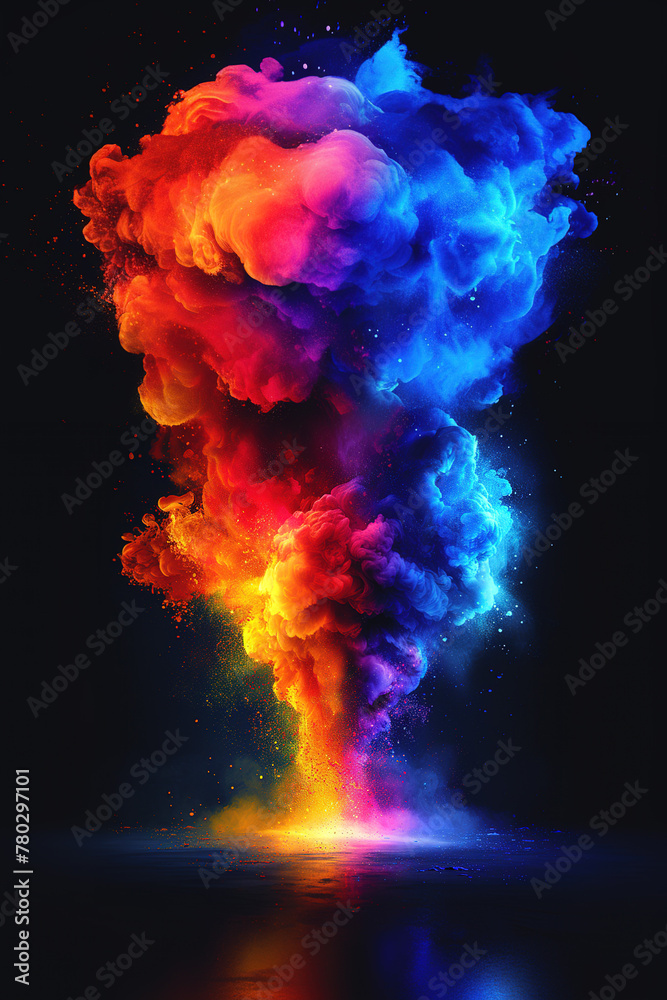 Rainbow explosion of colored holi powder, splash of paint and smoke on black background. Generative AI