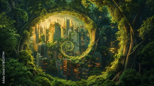 A surreal depiction of a spiral green world, where a cityscape is nestled inside an eggshell