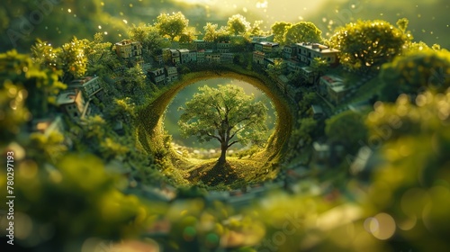 A surreal scene of a spiral green world, resembling a cityscape nestled inside an eggshell