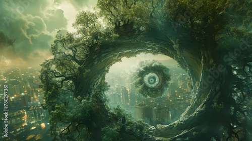 A surrealistic representation of a spiral green world, with a cityscape nestled inside an eggshell