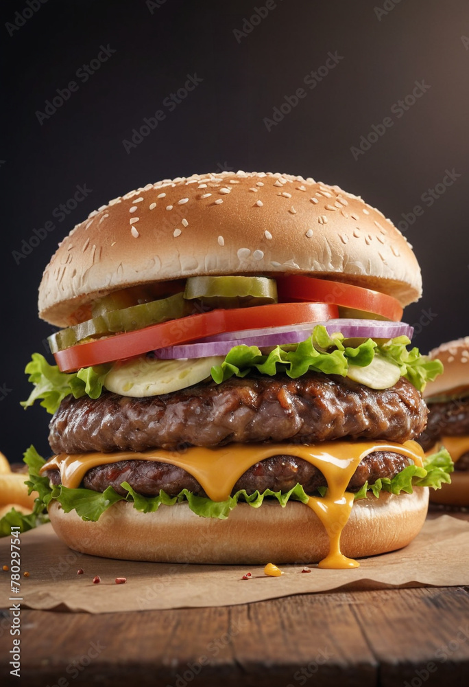Advertising poster style juicy burger, high speed, professional photography Advertising poster style juicy burger, high speed, professional photography