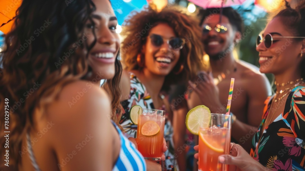 Group of joyful diverse friends enjoying a summer party with refreshing drinks, wearing sunglasses and hats, celebrating under the sun.