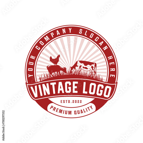 Cow  got  Hen family farm vintage logo with premium vector.