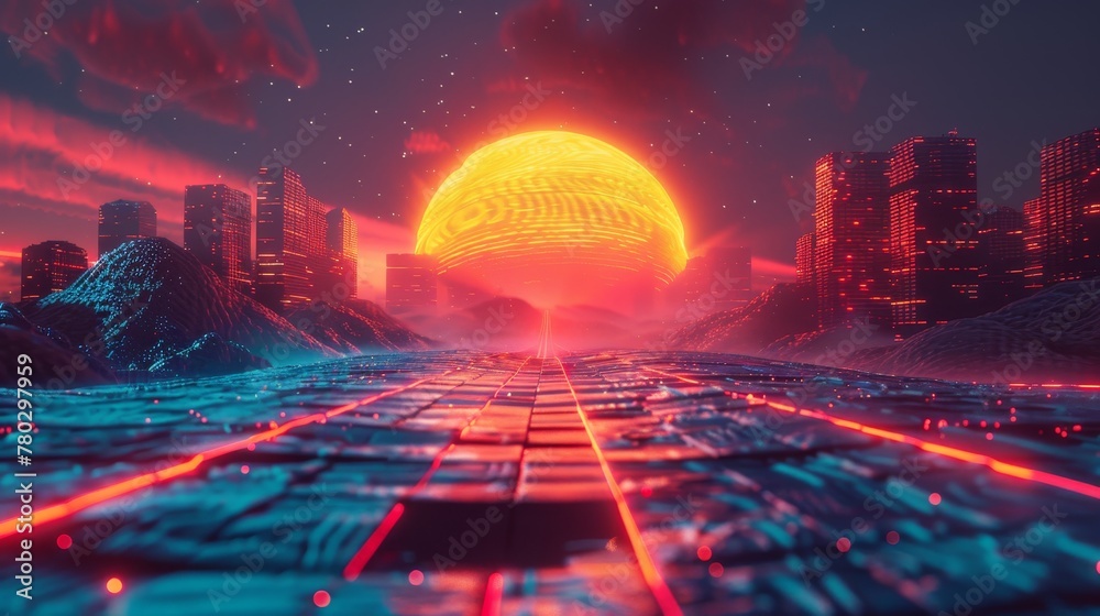 A vivid 3D grid landscape with a neon sun and retro wave, evoking a sense of nostalgia and futuristic wonder - obrazy, fototapety, plakaty 