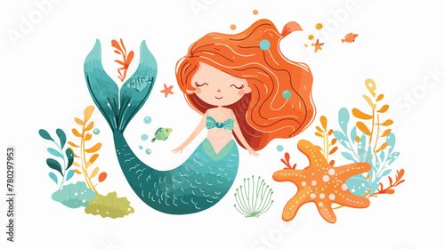 Beautiful little mermaid. Siren. Sea theme. vector 