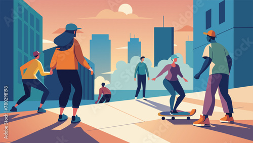 In the heart of the city a group of skateboarders gather in front of a graffiticovered wall for a competition. With their colorful outfits and