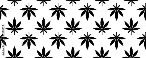 Silhouette hemp plant pattern on white background. Black cannabis leaf seamless pattern