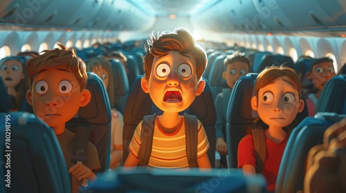 An animated image of startled children reacting to turbulence during an airplane flight, capturing the emotion of aerophobia.
