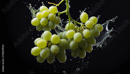 White grapes with water splash isolated on black background. ai generative