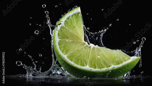 Fresh lime cut in half with water splash isolated on black background. ai generative
