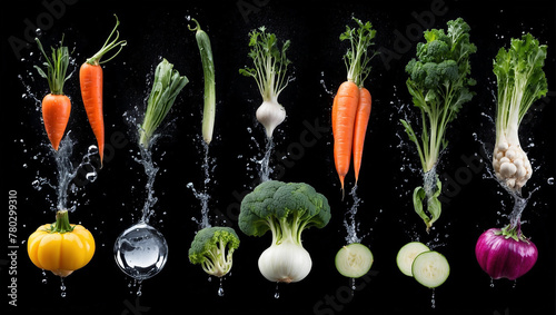 Vegetables Jump out from water,  healthy food diet freshness concept isolated black background. ai generative