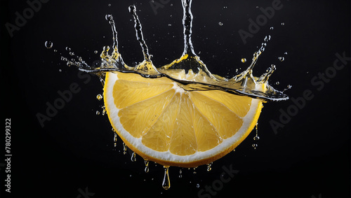 Half lemon with a slice and falling flying slices on a black background. ai generative