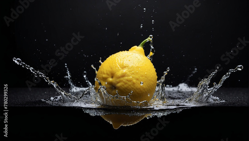 Fresh lemon on black background with water splash, Lemon splashing in water. ai generative