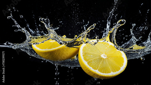 Fresh Lemons with water splash on isolated black background. ai generative