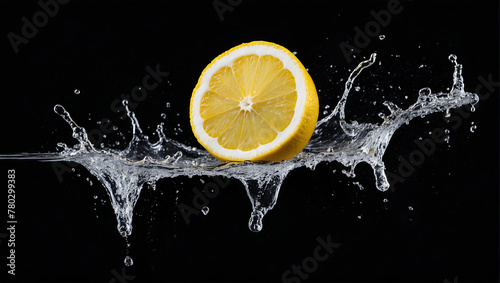 Half lemon with a slice and falling flying slices on a black background. ai generative