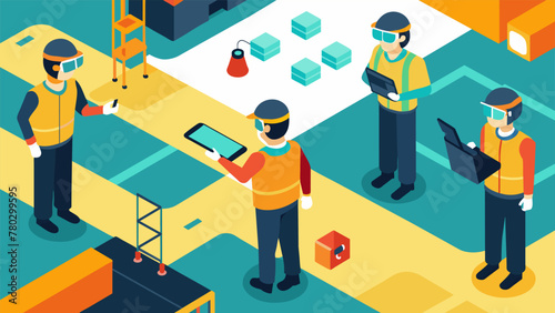 An aerial view of a factory floor shows workers using augmented reality gles to identify potential risks and hazards in their work environment. photo