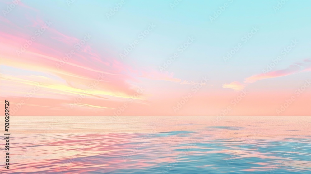 Gradients of peach, pink, and blue reflect serene beauty in a backdrop where pastel sunsets meet the ocean. 