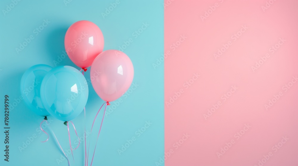 Light blue and pink gradients host pastel balloons, floating as a backdrop ideal for children’s celebrations.