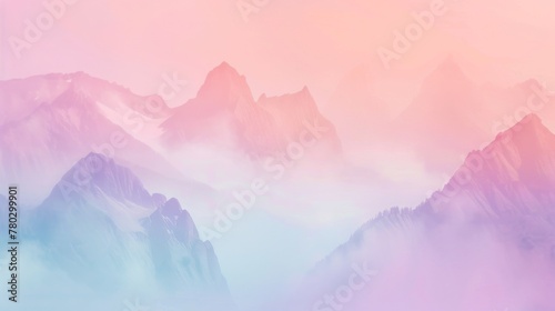 Pastel mountains rise gently against a soft sky in lavender, mint and peach. 