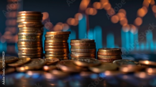 Stacks of coins arranged next to a graph with an upward trend arrow