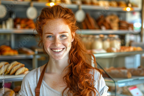 Cheerful redhead in bakery with fresh bread behind © Jaroslav Machacek