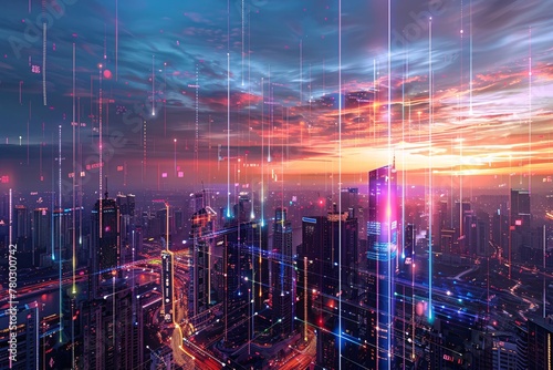 A view of a city's illuminated skyline at night as seen from the top of a high-rise building. City 5g high tech communication data. 