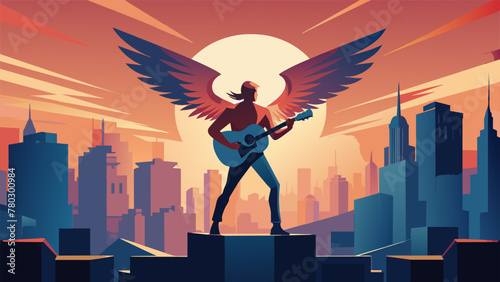 Against the backdrop of a bustling city skyline a street performer sits on a busy sidewalk strumming a guitar adorned with giant wings. The