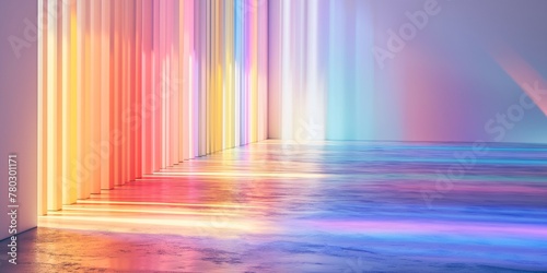 Empty room with rianbow light background. Rainbow color. Disco party. Pride light background. Festive art surface. Colorful pink yellow green blur glowing rays overlay on neutral wall.