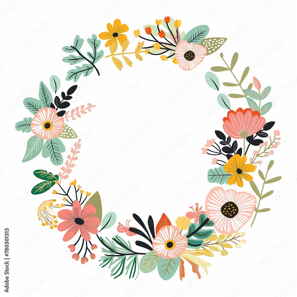 Blank floral circle frame isolated on white background, 2d flat graphic illustration design, greeting cards, celebration empty mock up frame border design.