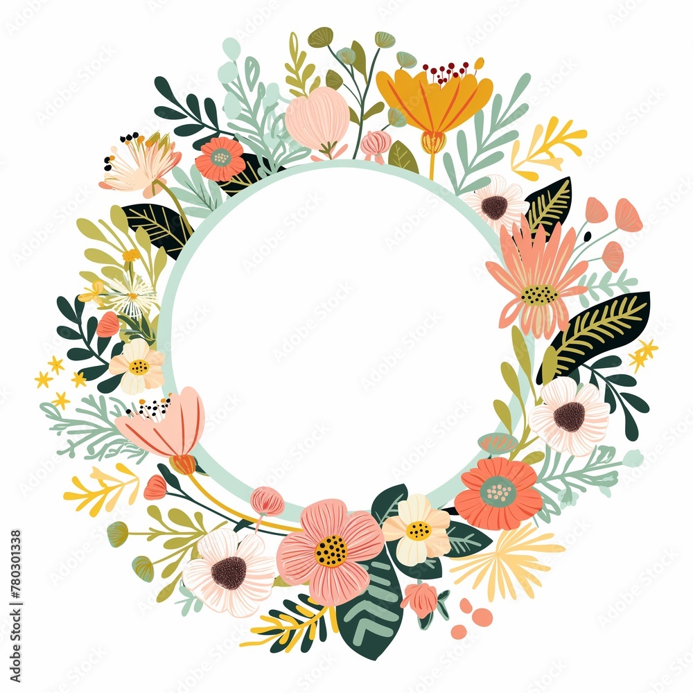 Blank floral circle frame isolated on white background, 2d flat graphic illustration design, greeting cards, celebration empty mock up frame border design. Blank floral circle frame isolated on white background, 2d flat graphic illustration design, greeting cards, celebration empty mock up frame border design.