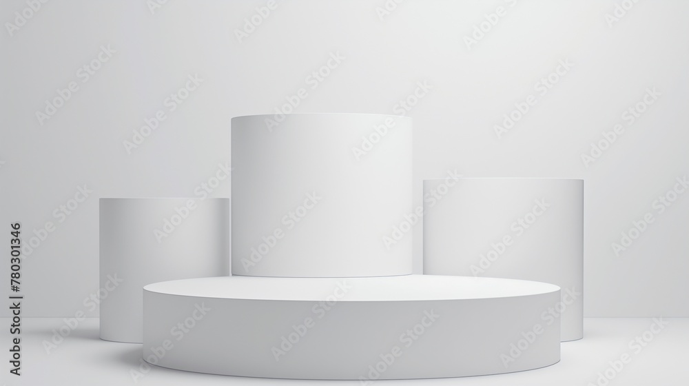 Three abstract white minimal geometry shape product display podiums on white backgrounds, showcases for graceful cosmetic products display, copy space, mock up. Three abstract white minimal geometry shape product display podiums on white backgrounds, showcases for graceful cosmetic products display, copy space, mock up.