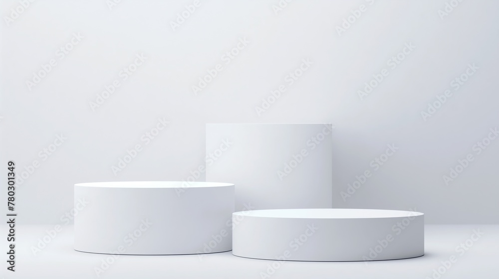 Three abstract white minimal geometry shape product display podiums on white backgrounds, showcases for graceful cosmetic products display, copy space,  mock up.