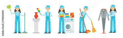 Cleaning Service with Professional Man and Woman Worker Character Vector Set