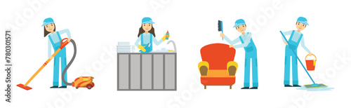 Cleaning Service with Professional Man and Woman Worker Character Vector Set