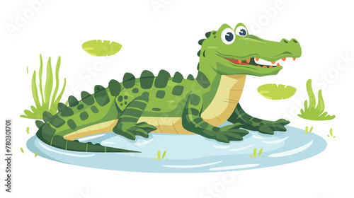cartoon Crocodile on the surface of the water flat vector © Noman